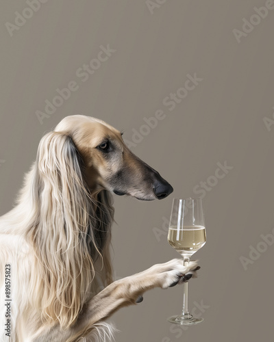 Afghan Hound with long silky hair holds a champagne glass in a paw, looking at the glass with an interested and elegant expression on a neutral background photo