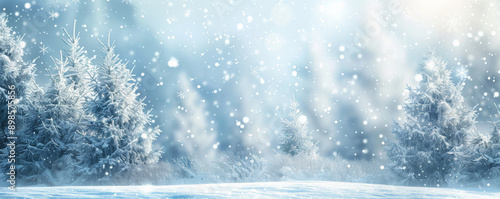 A snowy winter wonderland background with sparkling snowflakes and frosty trees, ideal for a festive and serene atmosphere.