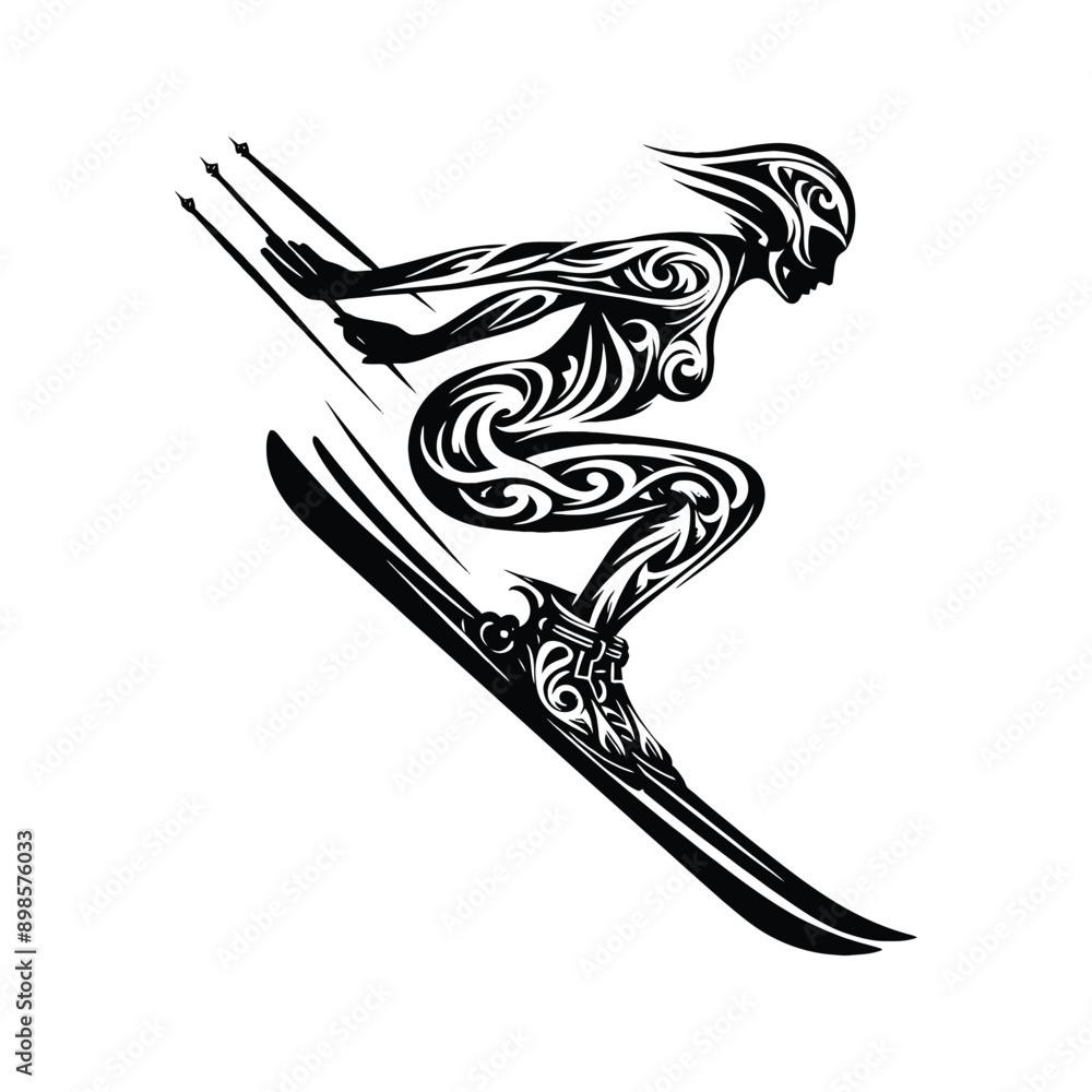 Obraz premium Skiing female player in ethnic tribal pattern illustration, emblem shield badge