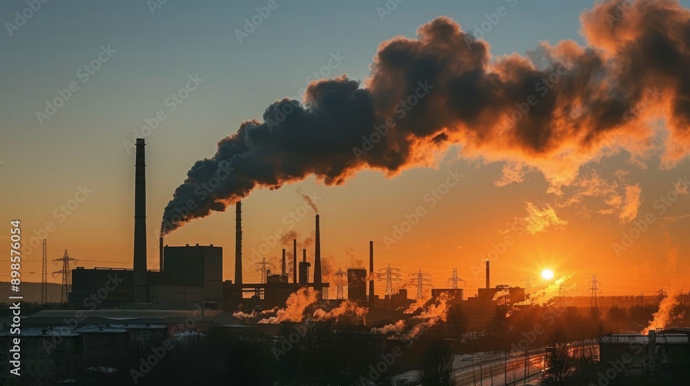An industrial factory with smoke billowing out of its stacks. This image can be used to depict industrial pollution or manufacturing processes An industrial factory with smoke billowing out of its stacks. This image can be used to depict industrial pollution or manufacturing processes