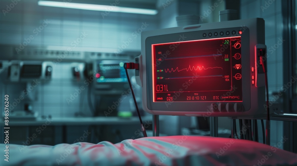 A hospital room with a heart monitor displaying a red heartbeat. The room is dimly lit and the bed is unmade. A hospital room with a heart monitor displaying a red heartbeat. The room is dimly lit and the bed is unmade.