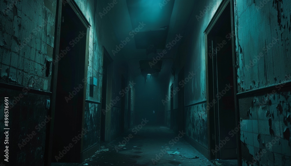 A long, dark hallway in an abandoned building, lit only by a single, flickering light at the end A long, dark hallway in an abandoned building, lit only by a single, flickering light at the end