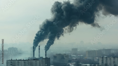 An industrial factory with smoke billowing out of its stacks. This image can be used to depict industrial pollution or manufacturing processes