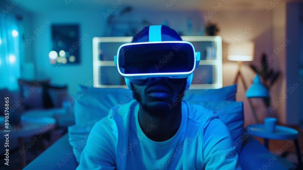 Man wearing VR glasses in a futuristic living room. Soft blue light. High-tech gadgets and modern decor in the background. Man wearing VR glasses in a futuristic living room. Soft blue light. High-tech gadgets and modern decor in the background.