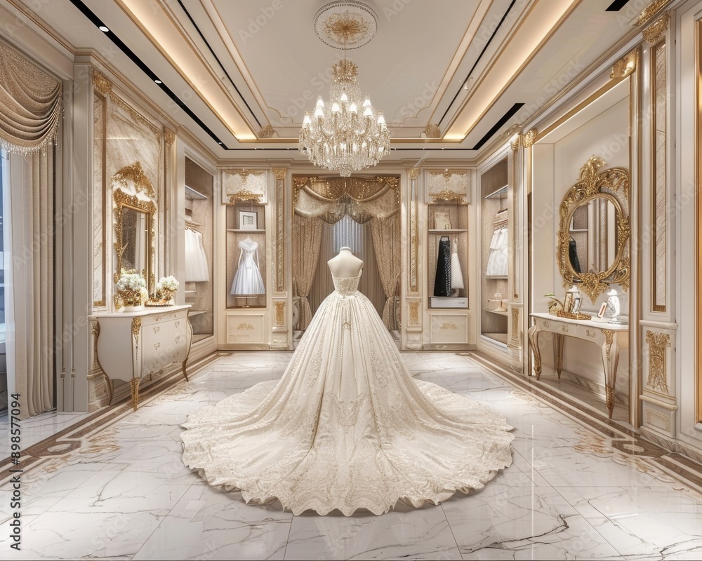 A luxurious bridal suite with a grand chandelier and a stunning white wedding dress on display. A luxurious bridal suite with a grand chandelier and a stunning white wedding dress on display.