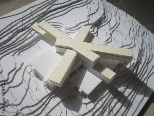 Architectural building models with topography made of foam board and illuminated