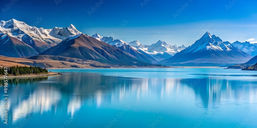 Panorama of blue glacier lake Pukaki and Mount Cook on the horizon South Island NZ Generative By AI Panorama of blue glacier lake Pukaki and Mount Cook on the horizon South Island NZ Generative By AI