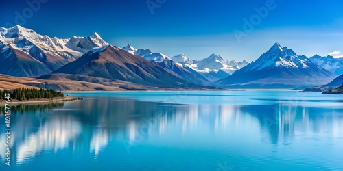 Fototapeta Naklejka Na Ścianę i Meble -  Panorama of blue glacier lake Pukaki and Mount Cook on the horizon South Island NZ Generative By AI