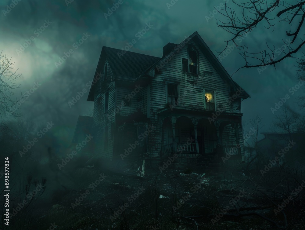 A mysterious, dilapidated house stands shrouded in fog and darkness, with a single light flickering in a window. A mysterious, dilapidated house stands shrouded in fog and darkness, with a single light flickering in a window.