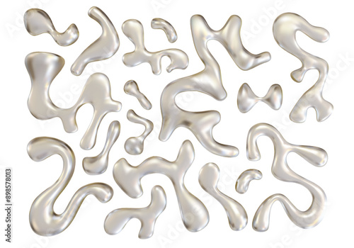 Chrome liquid silver shapes isolated. Realistic metal droplets. Glossy bubbles or blots, platinum fluid with reflective surface PNG