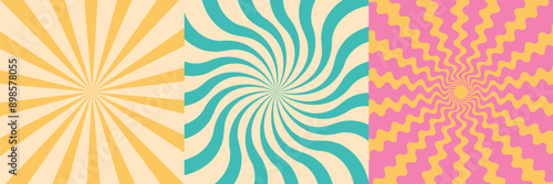 Vintage grunge colorful twisted spiral retro burst background vector. Groovy hippie 70s backgrounds. Waves, swirl, twirl pattern. Twisted and distorted vector texture in trendy retro psychedelic style