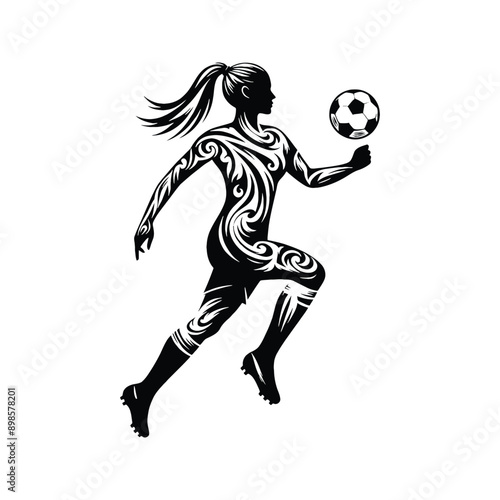 Soccer  female player in ethnic tribal pattern illustration, emblem shield badge