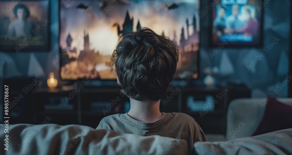 young boy watching movie program on TV at night at home young boy watching movie program on TV at night at home