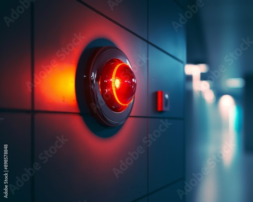 A red light shines brightly on a round alarm button, mounted on a tiled wall, in a dimly lit corridor.