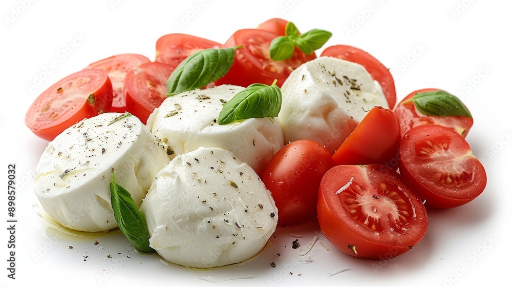 Fresh mozzarella cheese with basil and juicy tomatoes seasoned with pepper are lying on white background Fresh mozzarella cheese with basil and juicy tomatoes seasoned with pepper are lying on white background