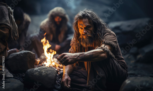 Making a fire in a cave, Neanderthal, primitive man, homo sapiens.	