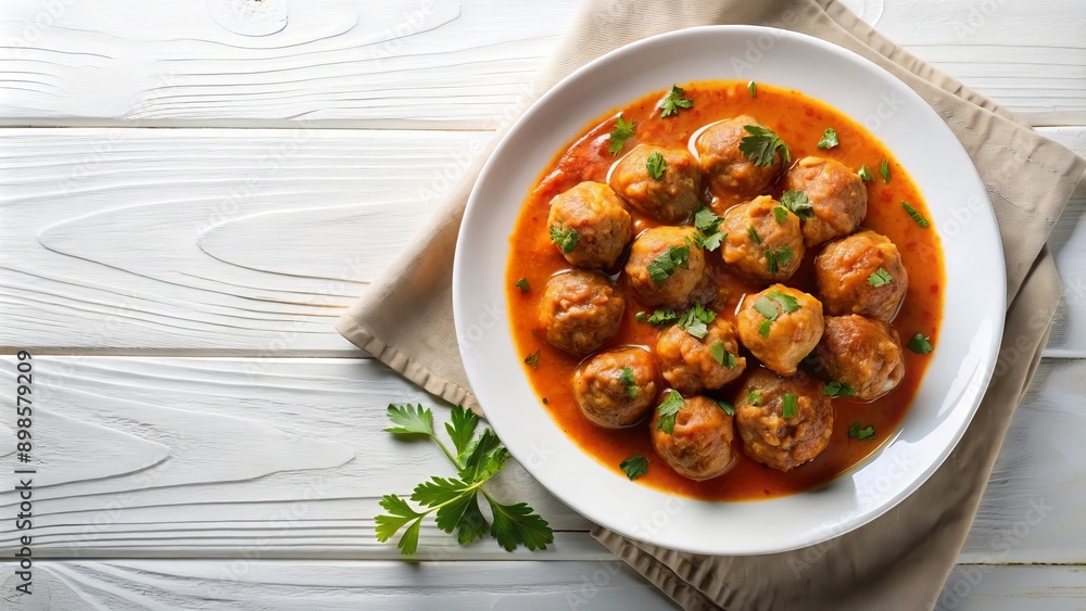 Albóndigas en salsa de tomate sobre una mesa blanca de madera, perfectas para un almuerzo o cena familiar. La presentación es sencilla y apetitosa. Albóndigas en salsa de tomate sobre una mesa blanca de madera, perfectas para un almuerzo o cena familiar. La presentación es sencilla y apetitosa.