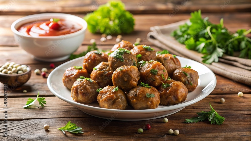 Un plato de albóndigas servidas con una salsa roja, decorado con perejil fresco. Una opción deliciosa para una comida reconfortante y nutritiva. Un plato de albóndigas servidas con una salsa roja, decorado con perejil fresco. Una opción deliciosa para una comida reconfortante y nutritiva.