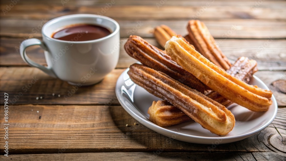 Un plato de churros recién hechos con una taza de chocolate caliente al lado, listos para ser disfrutados. El contraste del churro crujiente con el chocolate suave es irresistible. Un plato de churros recién hechos con una taza de chocolate caliente al lado, listos para ser disfrutados. El contraste del churro crujiente con el chocolate suave es irresistible.