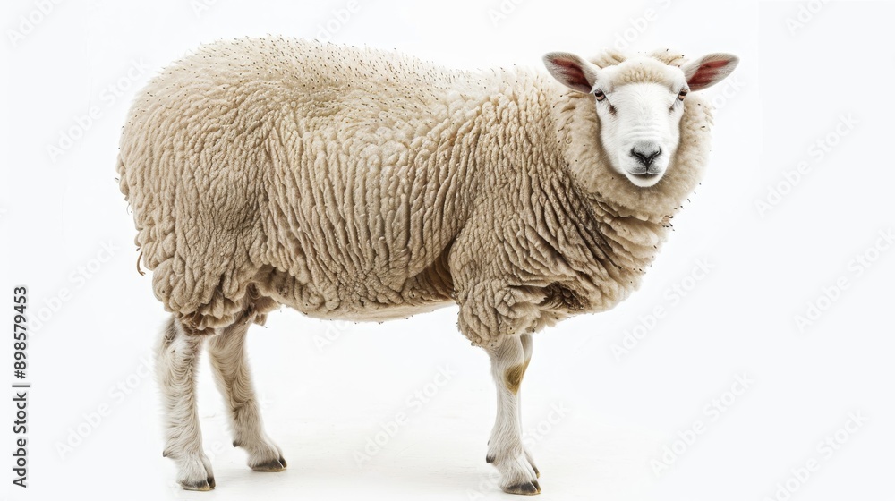Fototapeta premium domestic sheep stands in front on white background. Made with generative ai