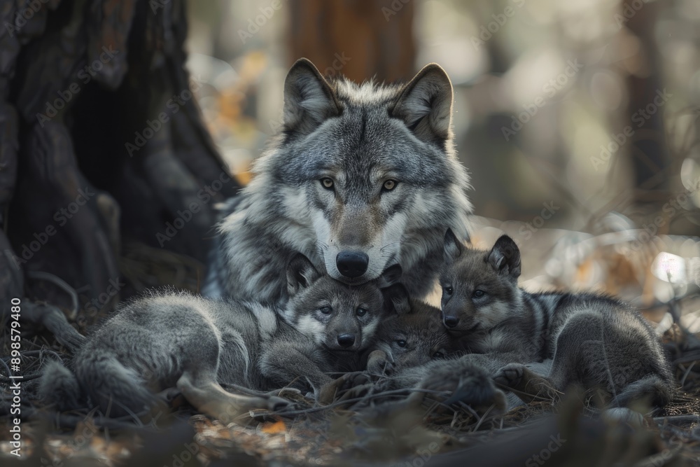 Mother wolf with her newborn cubs together, new life and family concept Mother wolf with her newborn cubs together, new life and family concept