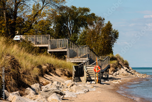 The stairway to Lake Michigan and the beach at Point Beach State Park, Two Rivers, Wisconsin photo