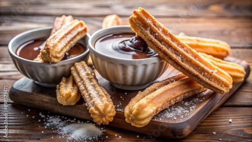 Churros dorados acompañados de tazas de chocolate caliente, sobre una mesa de madera. La delicia perfecta para un momento de indulgencia, capturando la esencia del desayuno o merienda española.
