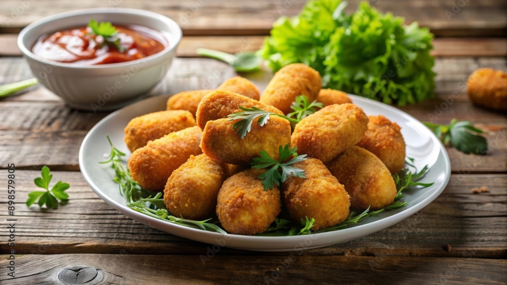 Un plato de croquetas crujientes acompañadas de salsa de tomate y ensalada verde fresca, presentado en una mesa de madera rústica. Un plato de croquetas crujientes acompañadas de salsa de tomate y ensalada verde fresca, presentado en una mesa de madera rústica.