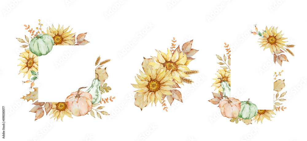 Obraz premium Watercolor autumn frames set with pumpkin, sunflowers, fall leaves
