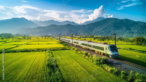 Train passes through rice fields. Beautiful landscape of paddy fields.