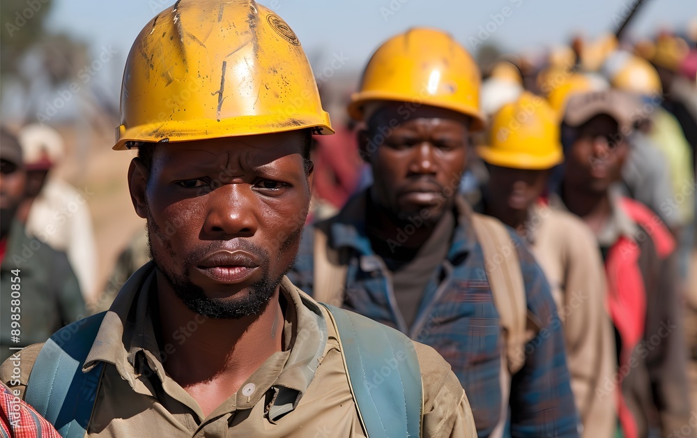 A group of construction workers wearing yellow hard hats stand in a line, focused and ready for work. A group of construction workers wearing yellow hard hats stand in a line, focused and ready for work.