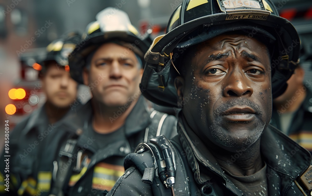 A group of firefighters in full gear stand in formation, their faces etched with determination and seriousness. A group of firefighters in full gear stand in formation, their faces etched with determination and seriousness.