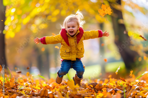 excited child jumping in autumn leaves