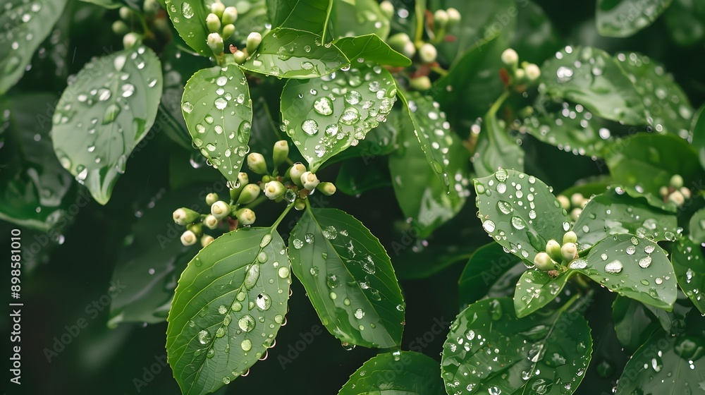 Captivating Close up of Fresh Green Leaves and Blooming Flowers with Glistening Raindrops Captivating Close up of Fresh Green Leaves and Blooming Flowers with Glistening Raindrops