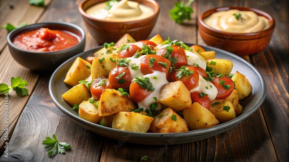 Patatas bravas servidas en un plato con salsa picante y mayonesa, decoradas con tomates cherry y perejil fresco. Tres tipos de salsas acompañan el plato. Patatas bravas servidas en un plato con salsa picante y mayonesa, decoradas con tomates cherry y perejil fresco. Tres tipos de salsas acompañan el plato.