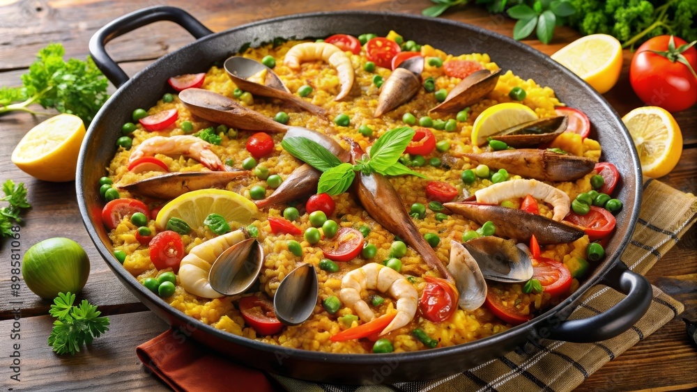 Paella de mariscos con mejillones, gambas y limón. El arroz está decorado con guisantes y pimientos rojos, servido en una tradicional paellera sobre una mesa de madera. Paella de mariscos con mejillones, gambas y limón. El arroz está decorado con guisantes y pimientos rojos, servido en una tradicional paellera sobre una mesa de madera.
