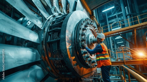 Workers maintaining the turbines inside a hydroelectric dam