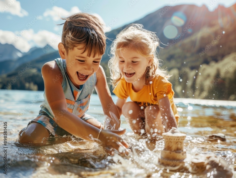 Happy children playing and splashing in lake water on a sunny day with mountains in the background. Summer fun and enjoyment. Happy children playing and splashing in lake water on a sunny day with mountains in the background. Summer fun and enjoyment.