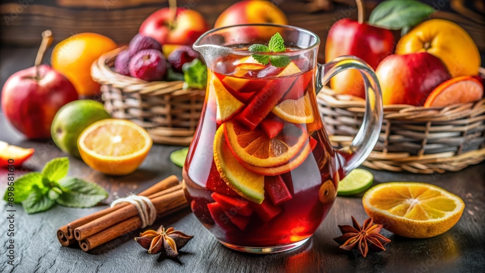 Sangría de frutas frescas en una mesa de madera rodeada de frutas. Un toque de canela y hierbas realzan la bebida, ofreciendo un sabor auténtico y reconfortante para cualquier ocasión. Sangría de frutas frescas en una mesa de madera rodeada de frutas. Un toque de canela y hierbas realzan la bebida, ofreciendo un sabor auténtico y reconfortante para cualquier ocasión.