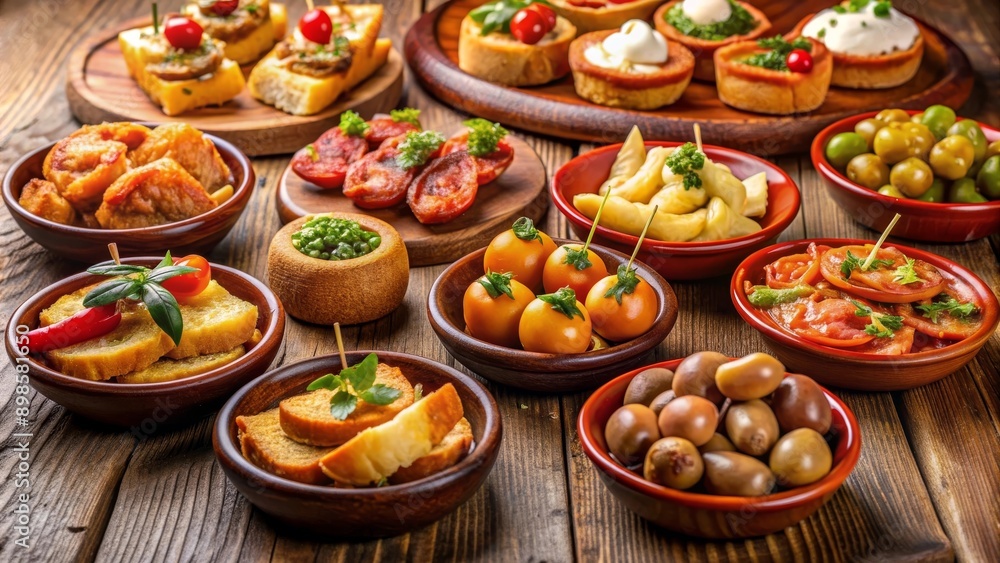 Un surtido de tapas coloridas y variadas en platos de barro. Los ingredientes frescos y sabrosos resaltan la tradición culinaria española en un entorno vibrante y atractivo. Un surtido de tapas coloridas y variadas en platos de barro. Los ingredientes frescos y sabrosos resaltan la tradición culinaria española en un entorno vibrante y atractivo.