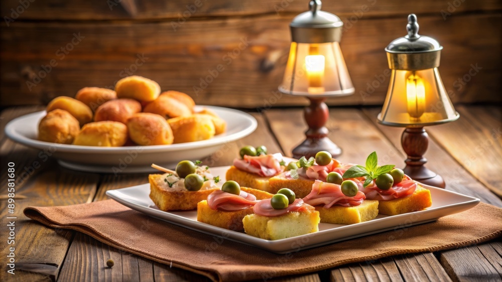 Unas tapas creativas con jamón y aceitunas bajo la luz de lámparas cálidas. La mesa de madera y la iluminación acogedora crean un ambiente íntimo para disfrutar de una deliciosa comida. Unas tapas creativas con jamón y aceitunas bajo la luz de lámparas cálidas. La mesa de madera y la iluminación acogedora crean un ambiente íntimo para disfrutar de una deliciosa comida.