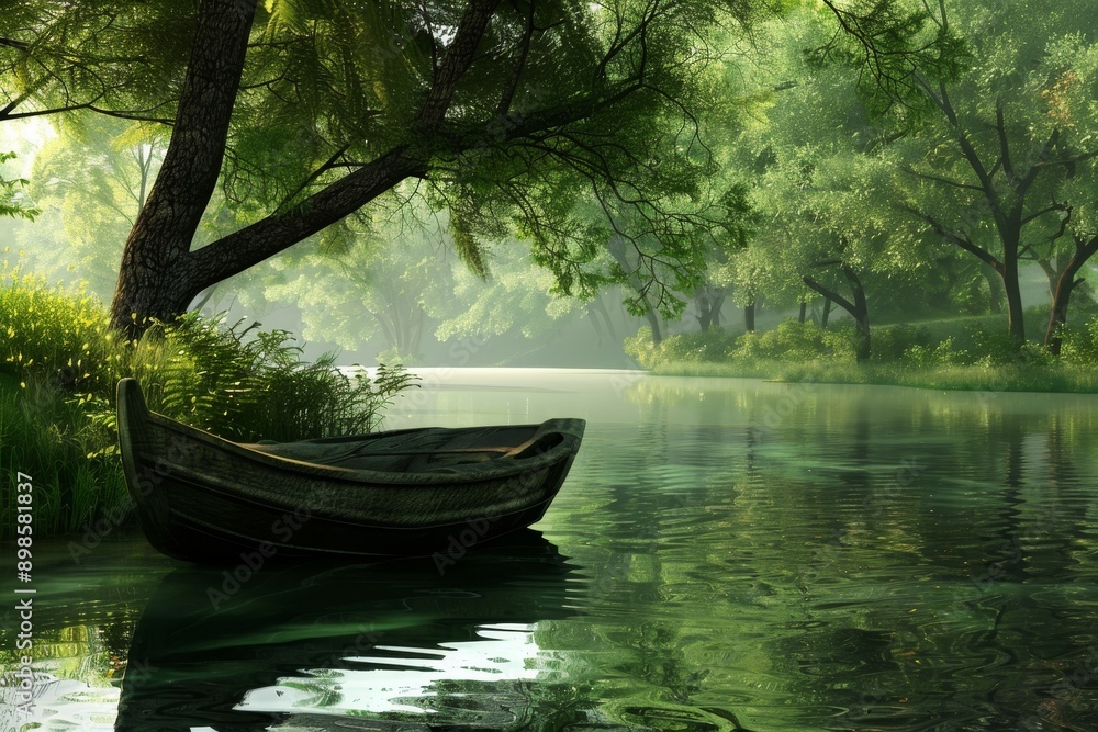Obraz premium A small wooden boat rests on the calm waters of a tranquil river, surrounded by lush green trees. The sun filters through the foliage, casting dappled light on the water.