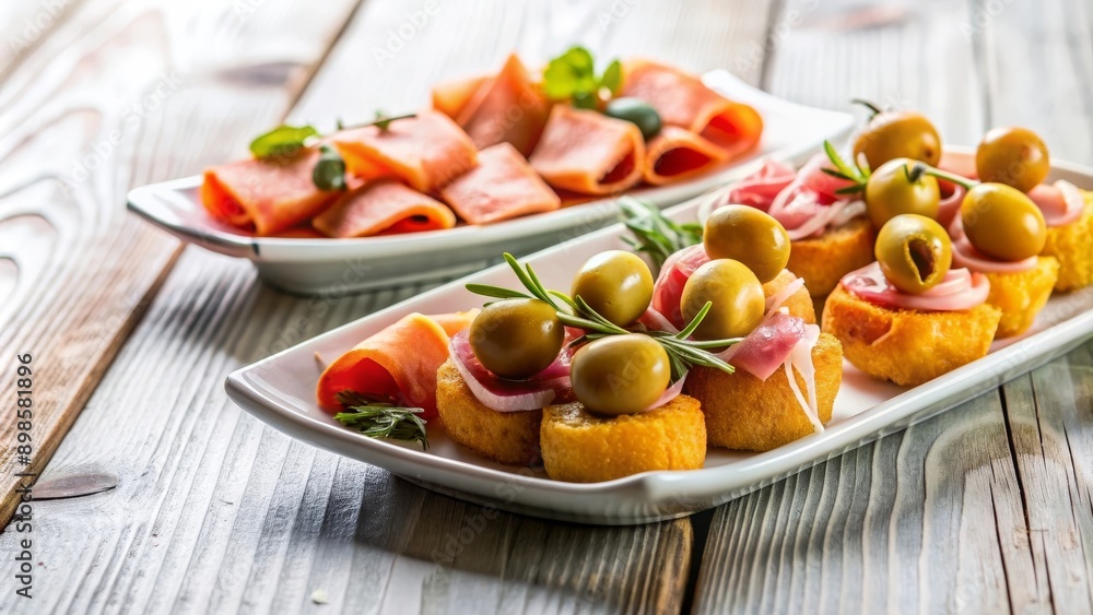 Platos de tapas con jamón serrano, croquetas y aceitunas verdes, presentados en una mesa de madera para una comida social. Platos de tapas con jamón serrano, croquetas y aceitunas verdes, presentados en una mesa de madera para una comida social.