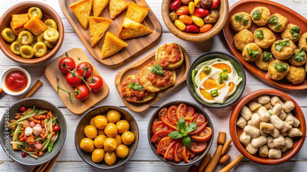 Variada selección de tapas españolas servidas en coloridas tazones de barro sobre una mesa de madera, incluyendo queso, aceitunas y tomates cherry. Variada selección de tapas españolas servidas en coloridas tazones de barro sobre una mesa de madera, incluyendo queso, aceitunas y tomates cherry.