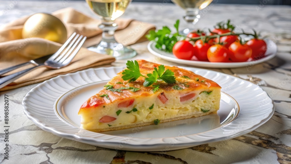 Porción de tortilla española con tomates cherry y perejil, servida en un plato de cerámica en una mesa de mármol. Porción de tortilla española con tomates cherry y perejil, servida en un plato de cerámica en una mesa de mármol.