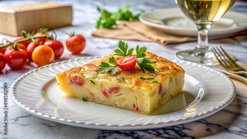 Tortilla de patatas con tomates cherry y hierbas frescas, acompañada de una copa de vino blanco en una mesa elegante.