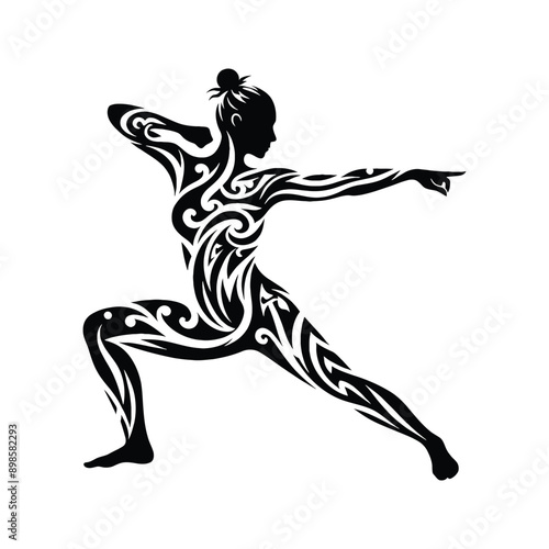 kungfu, Tai Chi  female player in ethnic tribal pattern illustration, emblem shield badge