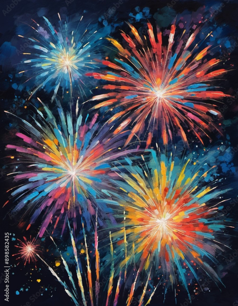 A vibrant display of fireworks lights up the night sky. Large bursts of light illuminate the dark canvas above, creating a mesmerizing spectacle of color and movement. Generated AI. Festive background A vibrant display of fireworks lights up the night sky. Large bursts of light illuminate the dark canvas above, creating a mesmerizing spectacle of color and movement. Generated AI. Festive background