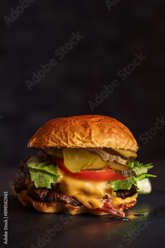 Burger con carne de res, queso, tocino, pepinillo, lechuga y tomate con pan brioche