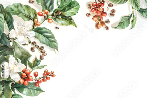 Frame with tropical leaves, flowers, coffee beans isolated on white background. Flat lay template with green plants in watercolor style. Botanical illustration for wedding invitation, print, banner.